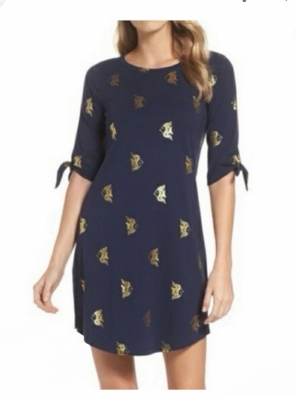 Lilly Pulitzer Navy Midi Dress with Gold Foil Fish Print Sz M